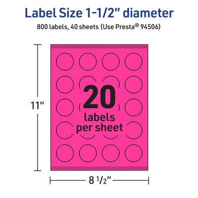 Avery Laser/Inkjet Round Multipurpose Labels, 1.5" Dia., Neon Magenta, 800/Pack (94506)