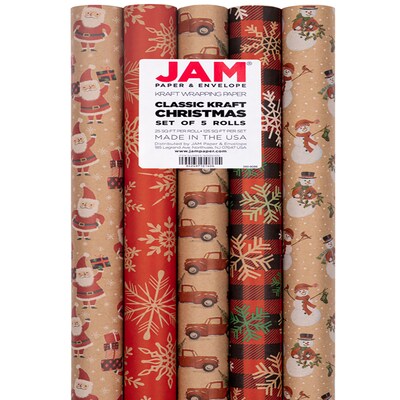 JAM Paper® Kraft Wrapping Paper Rolls - 125 sq ft. - Kraft Christmas Set - 5 Rolls/Pack