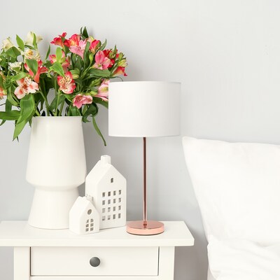 Simple Designs Rose Gold Stick Lamp Fabric Shade, White (LT2040-RGD)