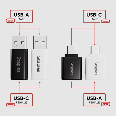 Staples TECH USB-A to USB-C & USB-C to USB-A Adapter, Male to Female, Assorted Colors, 4/Pack (ST63351)