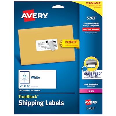 Avery TrueBlock Laser Shipping Labels, 2 x 4, White, 250 Labels/Pack (5263)