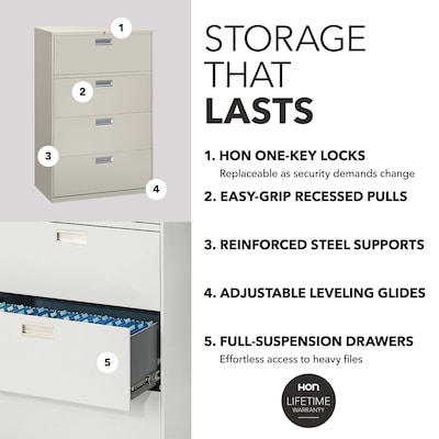 HON Brigade 600 Series 4-Drawer Lateral File Cabinet, Locking, Letter/Legal, Gray, 36"W (HON684LQ)