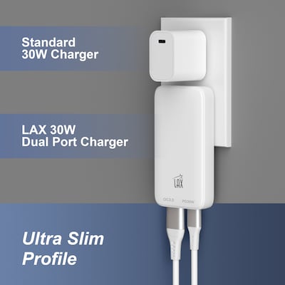 LAX Slim 30W Dual Port USB Wall Charger, White (SLMPD30W)