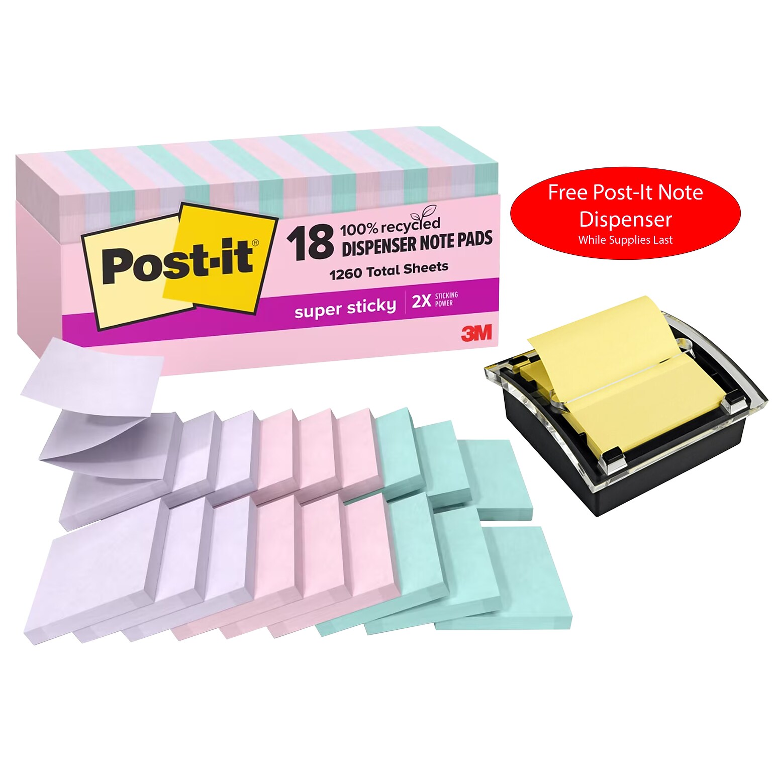 Free Post-It Note Dispenser ($13 value) w/Purchase, 3 x 3 Pop Up Recycled Sticky Notes, Wanderlust, 70 Sheets/Pad, 18 Pads/Pk