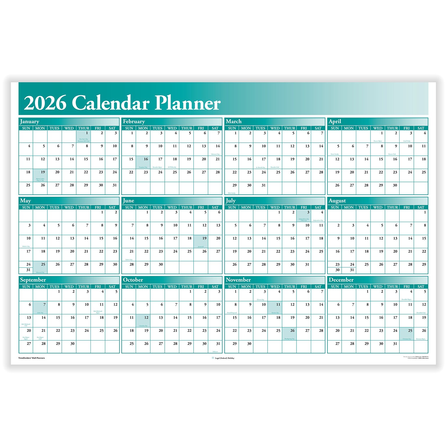 2026 ComplyRight Full Calendar Planner 36 x 24 Yearly Dry Erase Wall Calendar, Green (J0056GR)