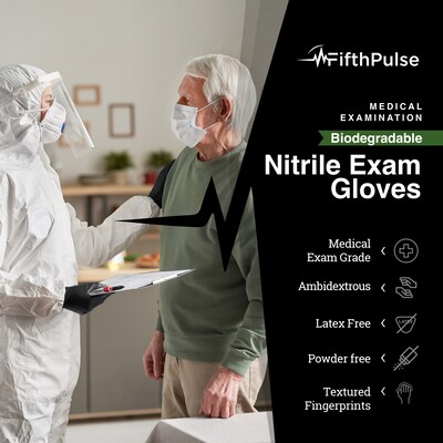 FifthPulse Biodegradable Powder Free Nitrile Exam Gloves, Latex Free, XS, Black, 150 Gloves/Box (FMN100538)