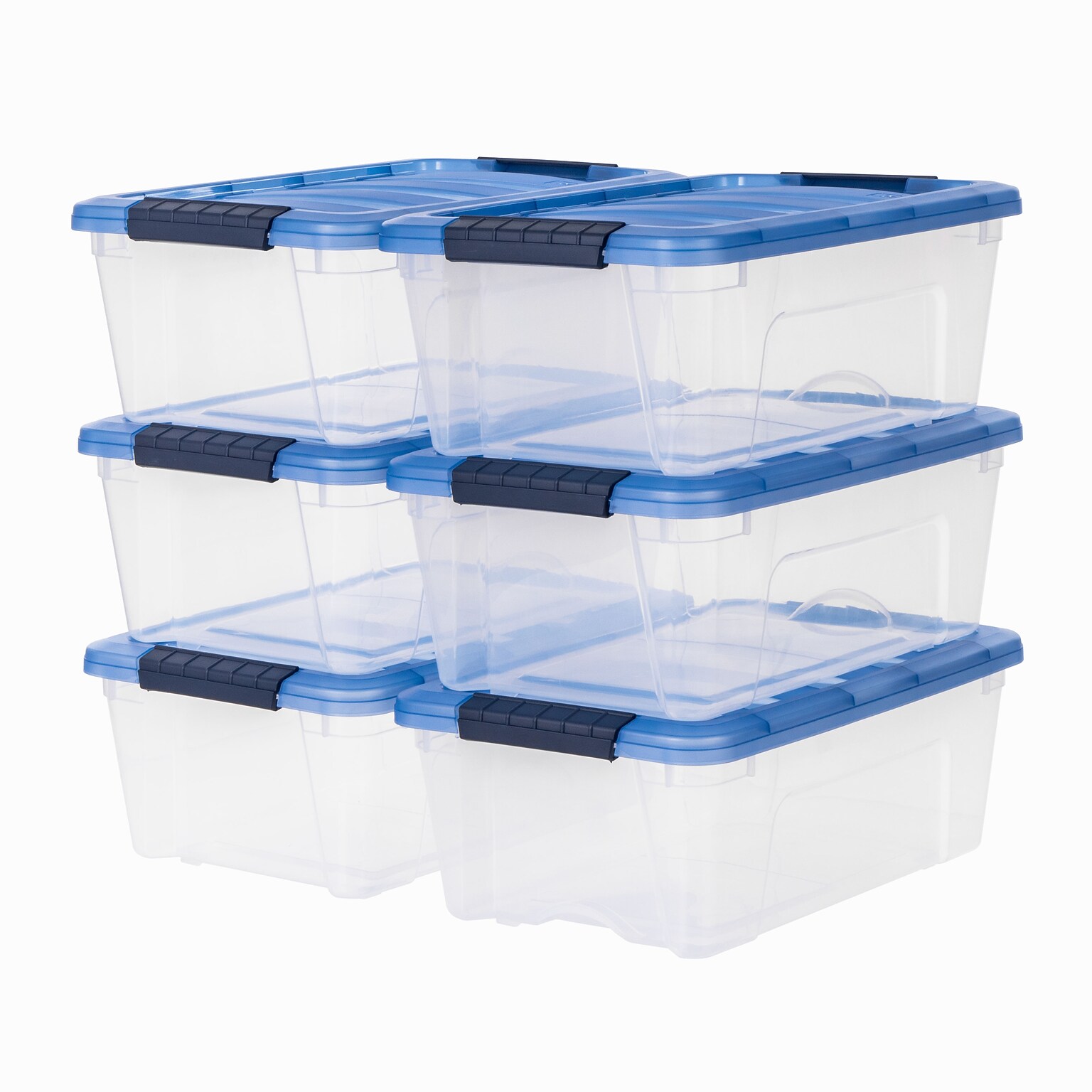 Iris Stack & Pull 12 Qt. Snap Lid Storage Boxes, Clear/Navy, 6/Carton (100306-CT)
