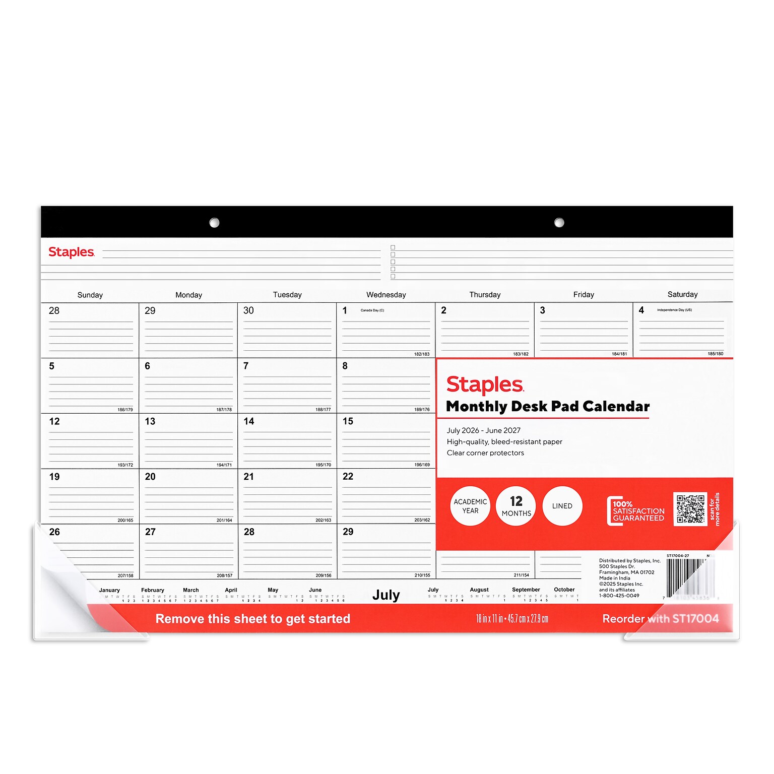 2026-2027 Staples 18 x 11 Academic Monthly Desk Pad Calendar, Black (ST17004-27)