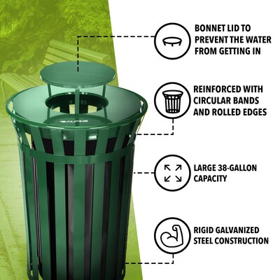 Alpine Industries Stainless Steel Outdoor Trash Can with Rain Bonnet Lid, 38 Gallon, Green (ALP479-38-1-GRN-MKTCOPY)