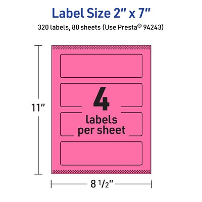 Avery Laser/Inkjet Rectangle Multipurpose Labels, 2" x 7", Bright Pink, 320/Box (94243)