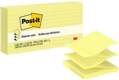 Post-it Dispenser Pop-up Notes, Canary Yellow, Lined, 3 in x 3 in, 100 Sheets/Pad, 6 Pads/Pack (R335