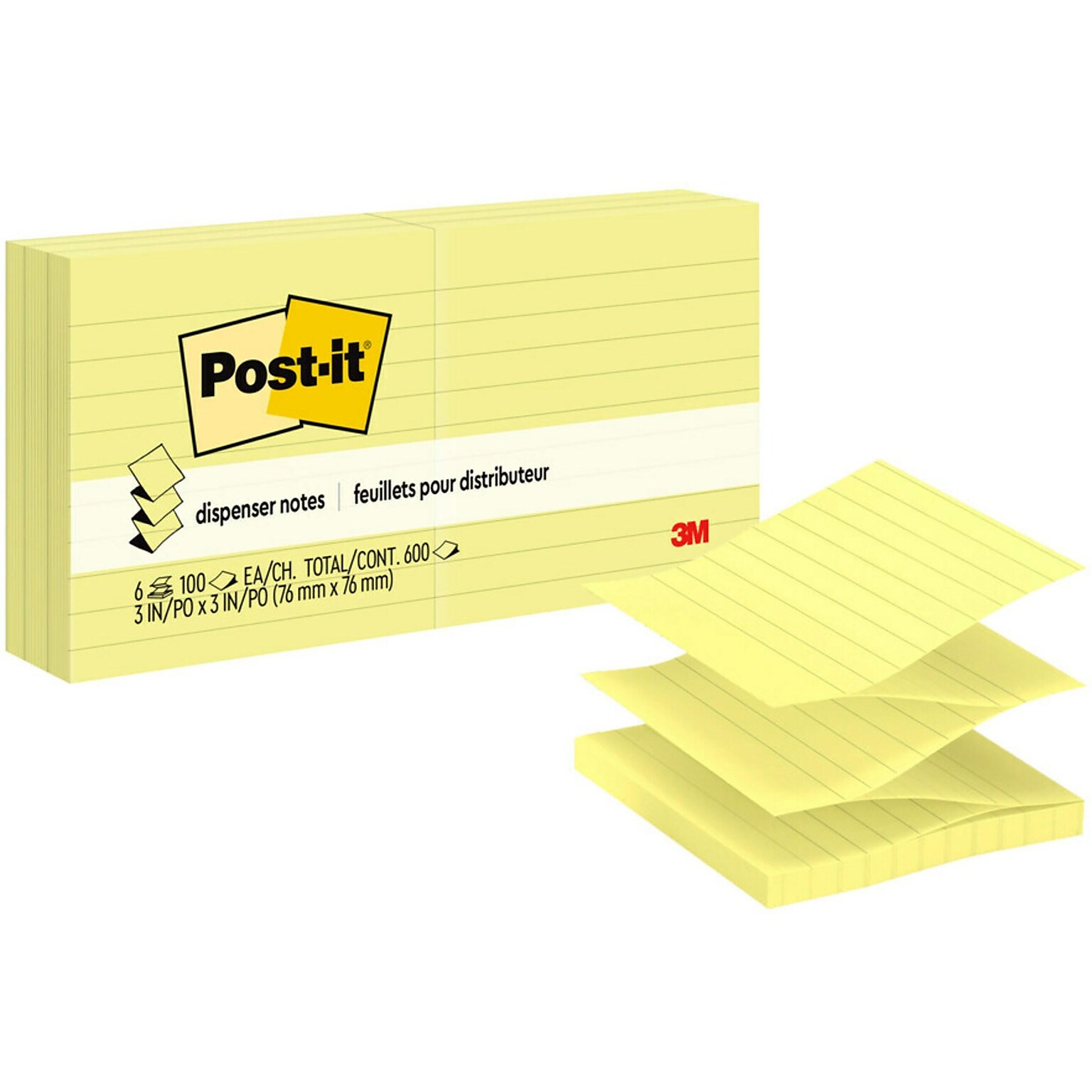 Post-it Dispenser Pop-up Notes, Canary Yellow, Lined, 3 in x 3 in, 100 Sheets/Pad, 6 Pads/Pack (R335)
