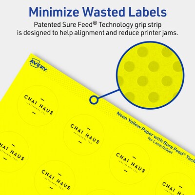 Avery Laser/Inkjet Multipurpose Circle Labels, 1.5" Dia., Neon Yellow, 1600/Box (94506)