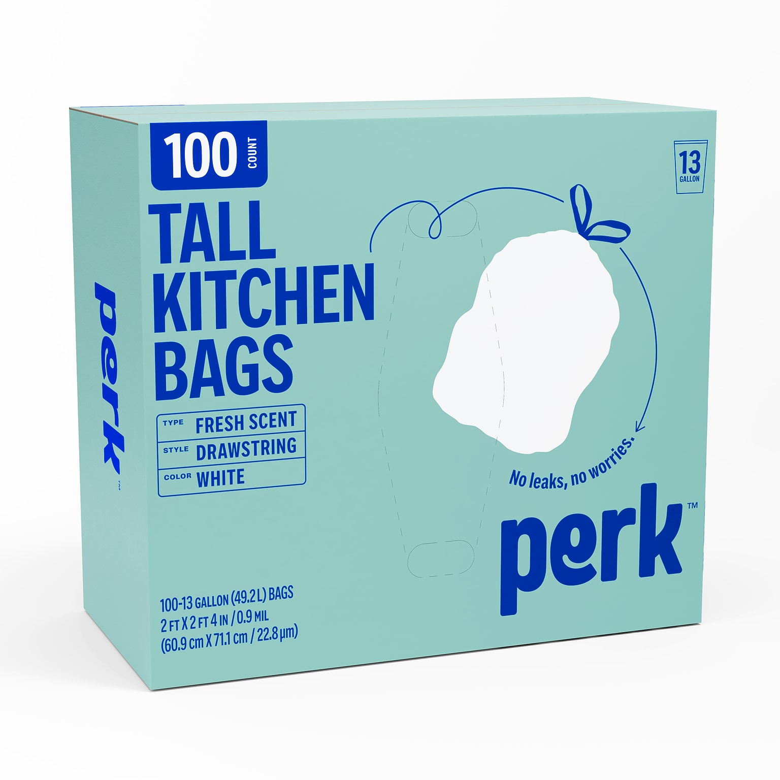 Perk™ 13 Gallon Scented Kitchen Trash Bag, 28 x 24, Low Density, 0.9 mil, White, 100 Bags/Box (PK56751)