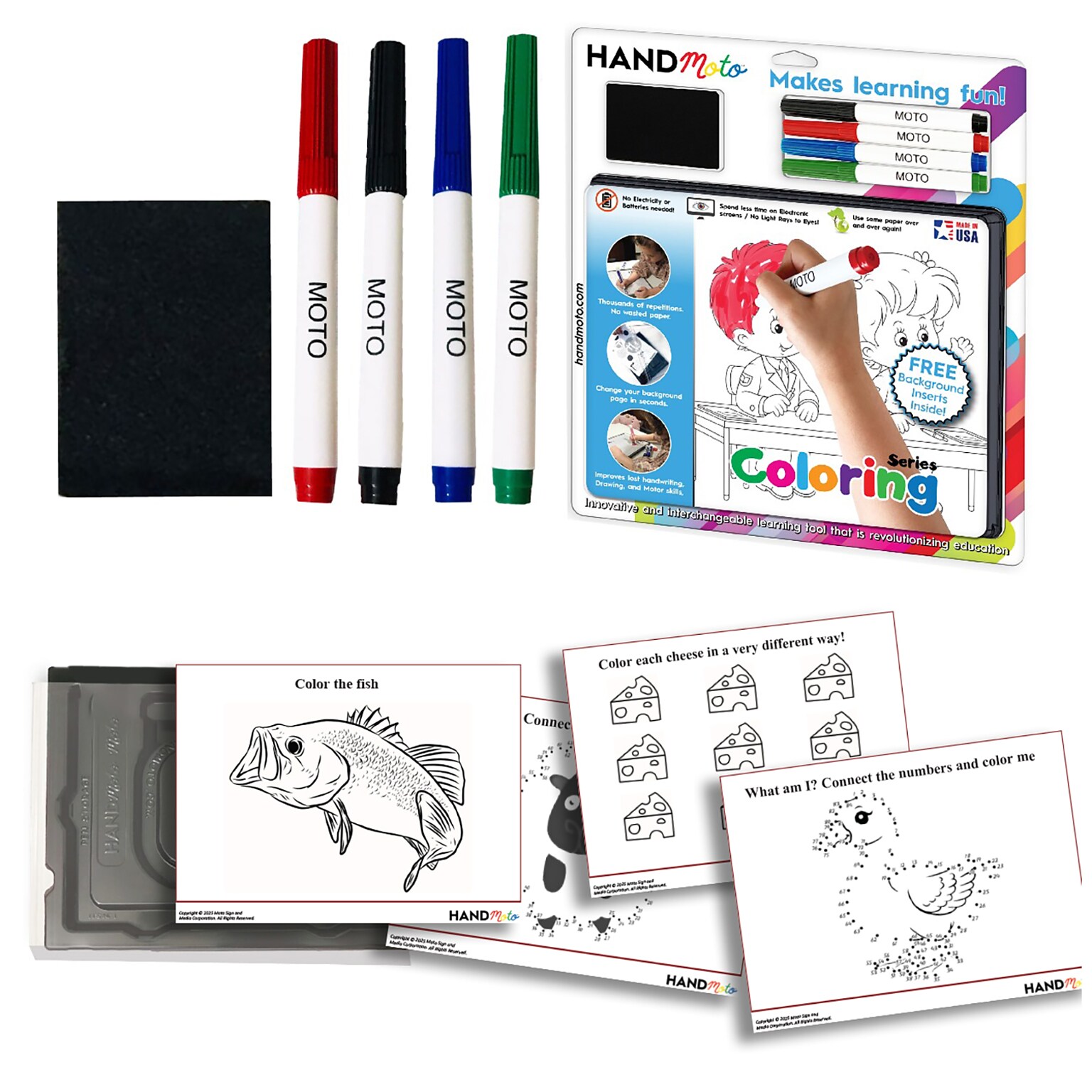 HandMoto Dry-Erase Learning Board, Coloring Series, 4 Markers & 10 Activity Sheets (HMOCLMO1)