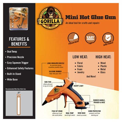 Gorilla Hot Glue Gun Mini Dual Temp Folding Stand Long Nozzle 20