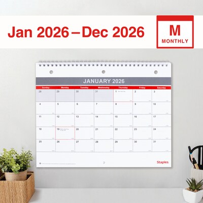 2026 Staples 11 x 8 Monthly Wall Calendar, White/Red/Gray (ST53915-26)