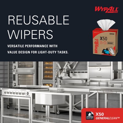 WypAll GeneralClean X50 Cloth Cleaning Wipers, 12.5" x 9.1", White, 168 Wipers/Box, 10/Carton (83550)