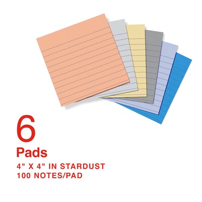 Staples Ultra Sticky Notes, 4 x 4, Stardust Collection, Lined, 100 Sheets/Pad, 6 Pads/Pack (ST6289