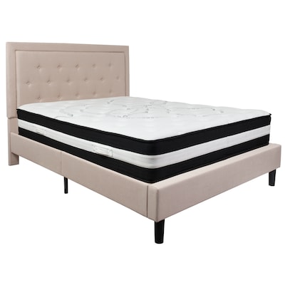 Flash Furniture Roxbury Tufted Upholstered Platform Bed in Beige Fabric with Pocket Spring Mattress,