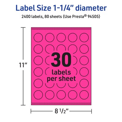 Avery Laser/Inkjet Round Multipurpose Labels, 1.25" Dia., Neon Magenta, 2400/Box (94505)