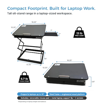 Uncaged Ergonomics CD4 16.25" x 12.25" Adjustable Standing Desk Converter for Laptops, Black (CD4-B)