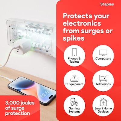 Staples TECH 10-Outlet 2-USB Port Surge Protector, 6', 3000 Joules, White (ST62776)