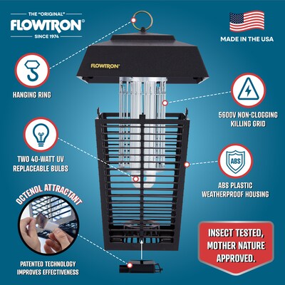 Flowtron Eletric Bug Zapper, 1-1/2 Acre of Coverage, 40W Bulb & 5600V Instant Killing Grid (FLWBK80D)