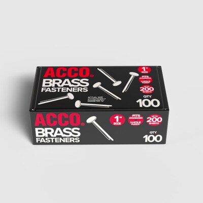 ACCO Solid Brass Fasteners, 1 Shank, Brass, 100/Box (71504)