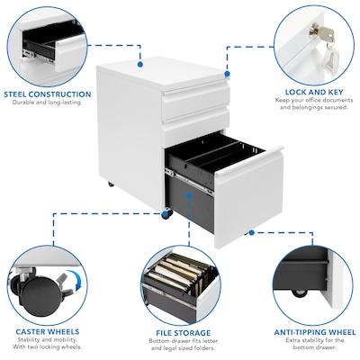 Mount-It! 3-Drawer Mobile File Cabinet, Letter & Legal Size, Lockable, 23.72"H x 14.7"W x 18.11"D, White (MI-941W)