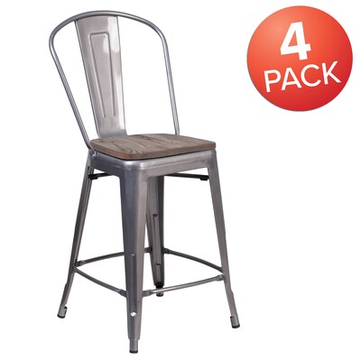 Flash Furniture Lincoln Contemporary Metal Vertical Back Counter Height Stool, Clear Coat, 4-Pieces/Pack (4XUDGTP001B24W)