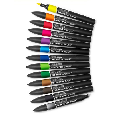 Winsor & Newton Promarker Dual-Tip Brush Alcohol Based Marker, Vibrant Tones, 12/Pack (WNX0290145)