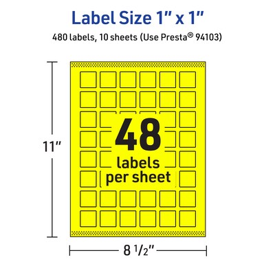 Avery Laser/Inkjet Multipurpose Square Labels, 1" x 1", Neon Yellow, 480/Pack (94103)