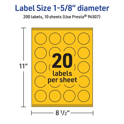 Avery Round Laser/Inkjet Multipurpose Labels, 1-5/8" Dia, Bright Yellow (200/Pack)