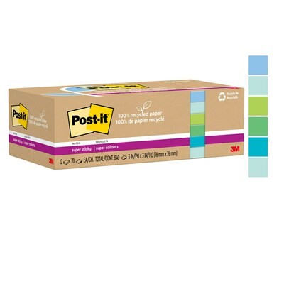 Post-it Recycled Super Sticky Notes, 3" x 3", Oasis Collection, 70 Sheets/Pad, 12 Pads/Pack (654R-12SST)