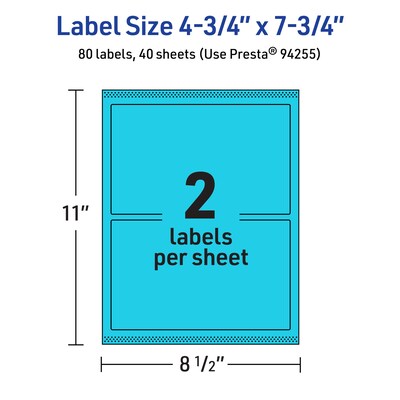 Avery Printable Rectangle Multipurpose Labels, 4.75" x 7.75", Bright Blue, 80/Pack (94255)