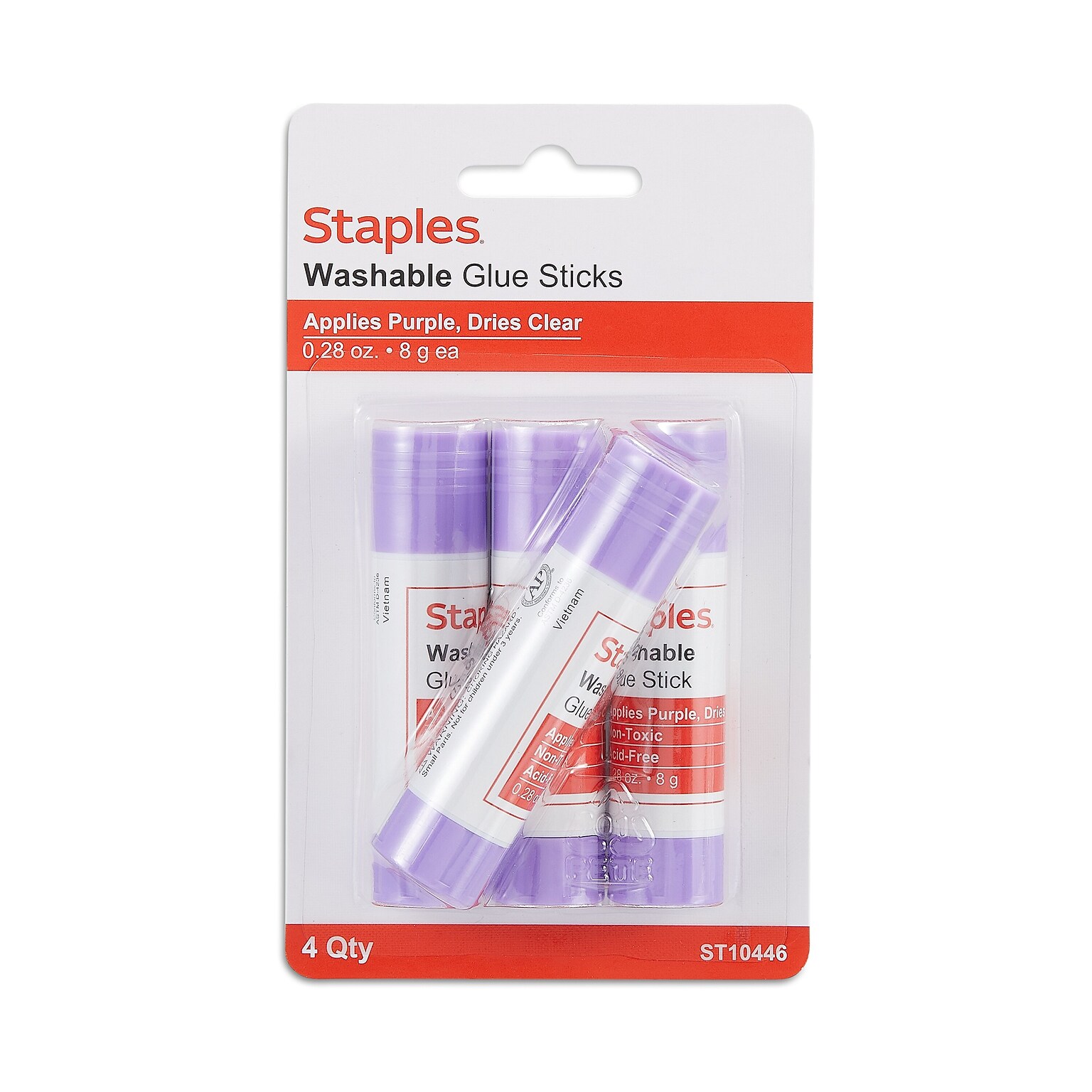 Staples® Washable Glue Sticks, 0.28 oz., Purple, 4/Pack (ST10446/10446)