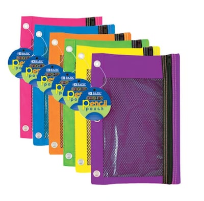 Bazic Bright Color 3-Ring Pencil Pouch W/ Mesh Window, 7X10, Assorted Colors
