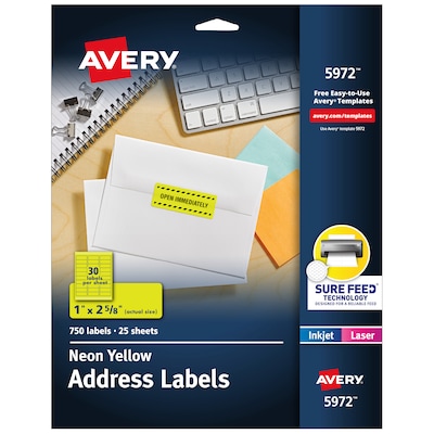 Avery Sure Feed Laser Address Labels, 1 x 2 5/8, Neon Yellow, 750 Labels/Pack (5972)