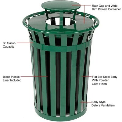 Global Industrial Outdoor Slatted Steel Trash Can w/ Rain Bonnet Lid, 36 Gallon, Green (260804GN)