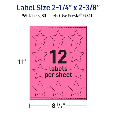 Avery Star Laser/Inkjet Multipurpose Labels, 2-1/4" x 2-3/8", Bright Pink (960/Box)