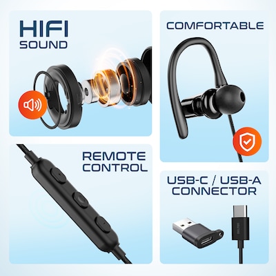 Delton 24ECA Wired Stereo Earbuds with Microphone, USB-C and USB-A Adapter, Black (DWH24ECA)