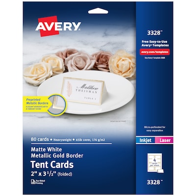 Avery 2 x 3.5 White/Gold Matte Table Tent, Laser/Inkjet, 80 Cards/Pack (3328)