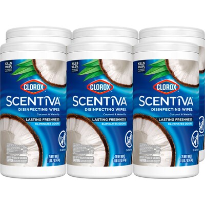 Clorox Scentiva Disinfecting Wipes, Coconut and Waterlily Scent, 75 Wipes/Container, 6/Carton (60037CT)