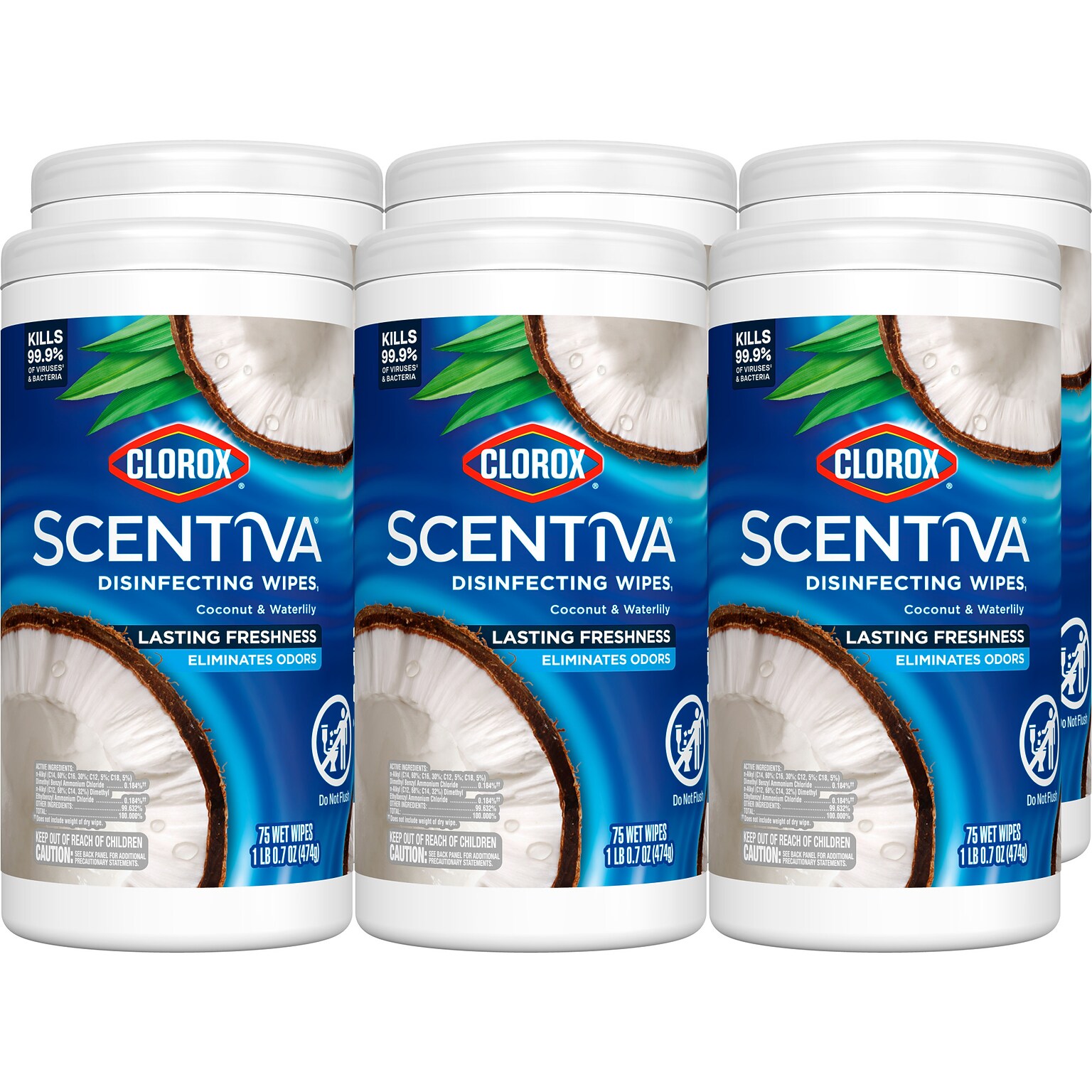 Clorox Scentiva Disinfecting Wipes, Coconut and Waterlily Scent, 75 Wipes/Container, 6/Carton (60037CT)