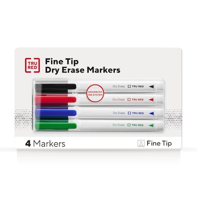 TRU RED™ Pen Dry Erase Markers, Fine Tip, Assorted, 4/Pack (TR61457/TR54562)