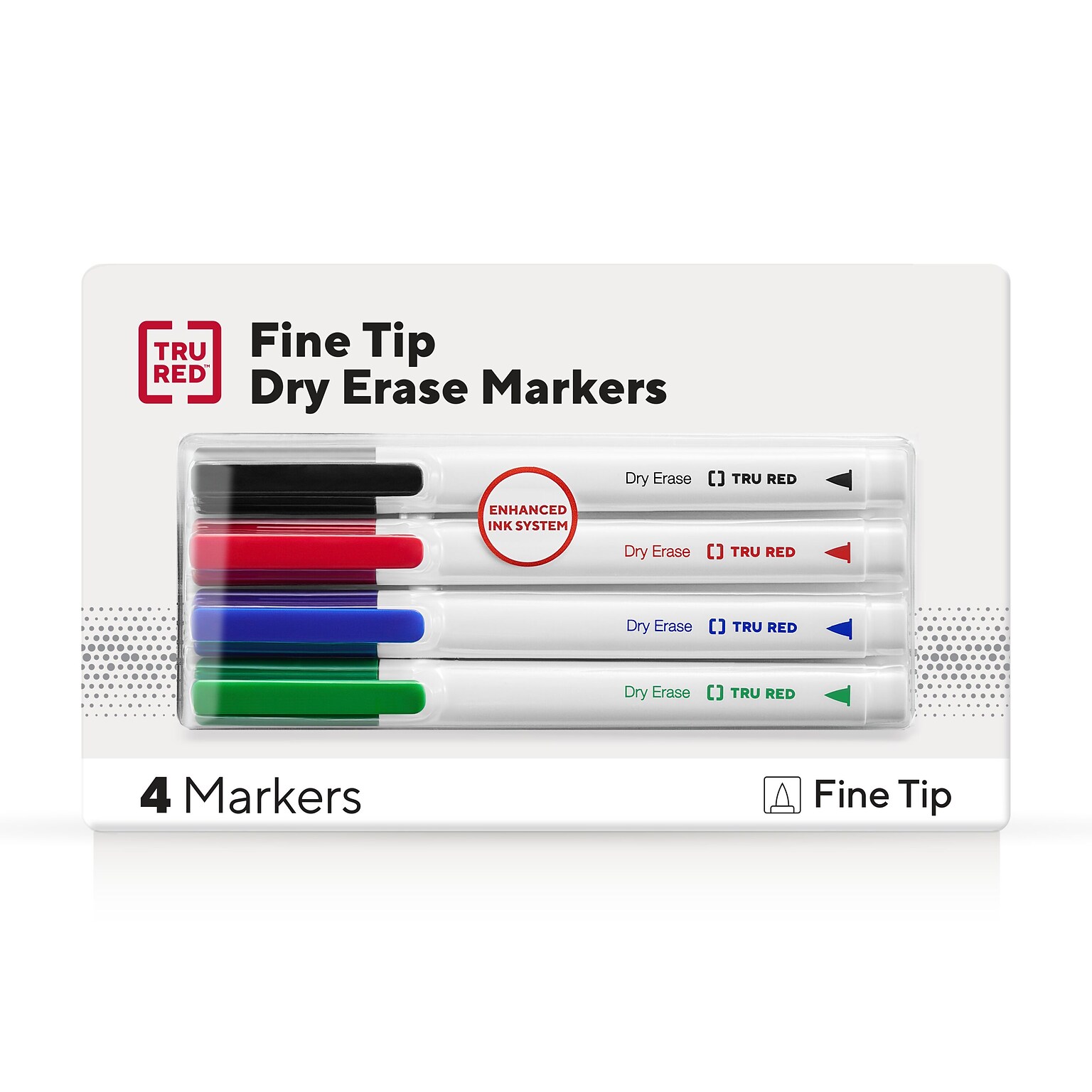 TRU RED™ Pen Dry Erase Markers, Fine Tip, Assorted, 4/Pack (TR61457/TR54562)