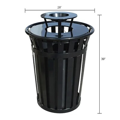 Global Industrial Outdoor Slatted Steel Trash Can w/ Ashtray Lid, 36 Gallon, Black (641632BK)