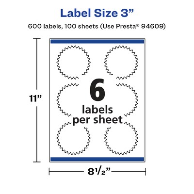 Avery Laser/Inkjet Multipurpose StarburstLabels, 3" Dia, Glossy White, 600/Box (94609)