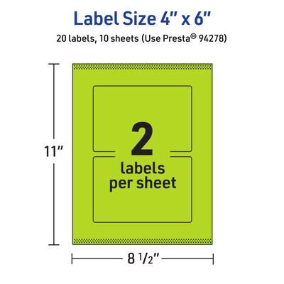 Avery Laser/Inkjet Multipurpose Rectangle Labels, 4" x 6", Bright Green, 20/Pack (94278)